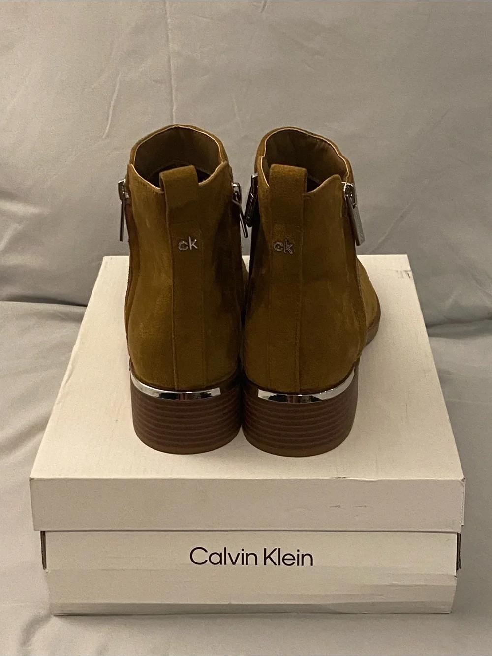Calvin Klein Mustard Tan Suede Ankle Booties with Metallic Heel Accent